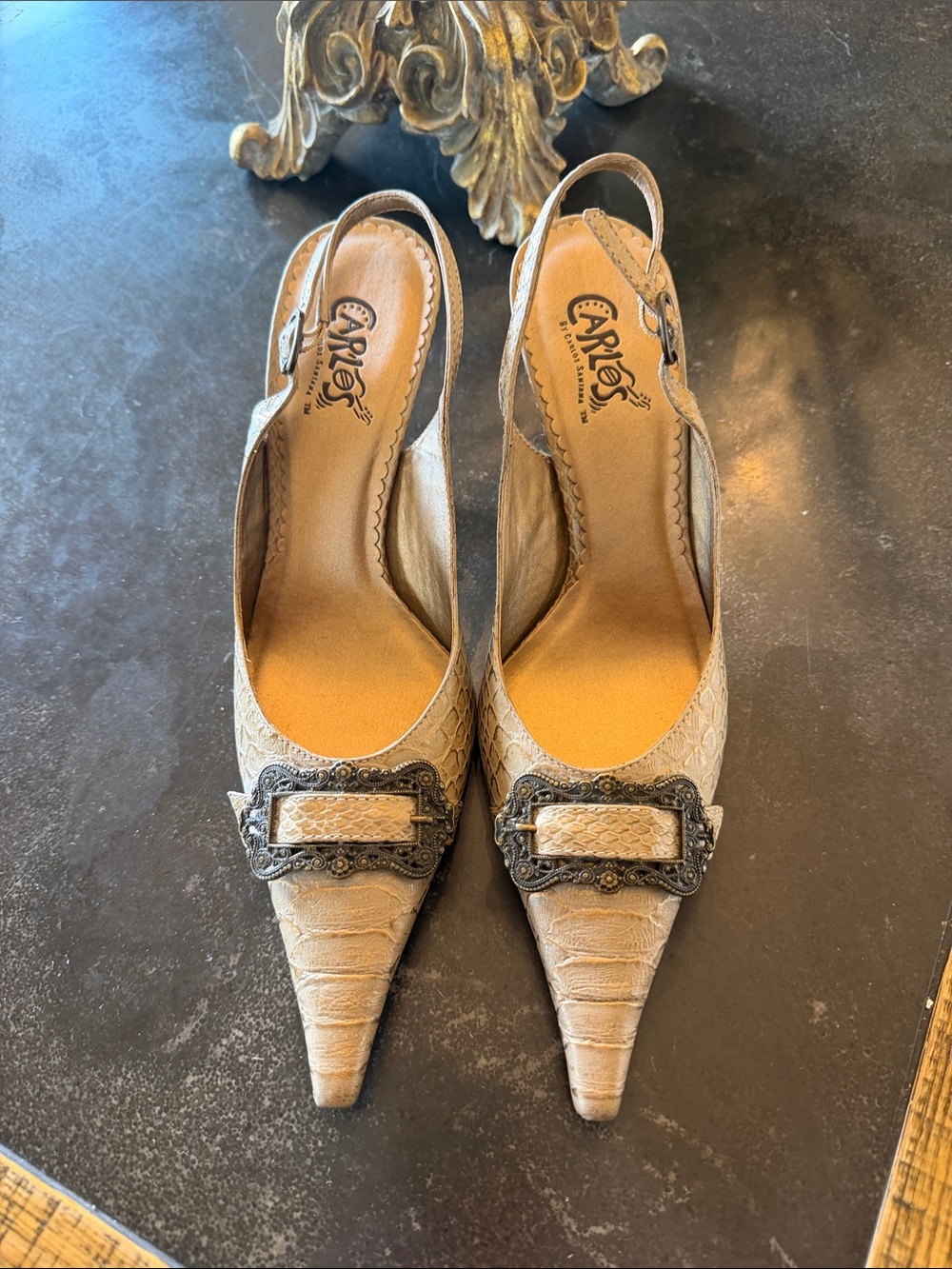 Carlos Santana Taupe Textured Slingback Pointed Toe Heels with Decorative Buckle